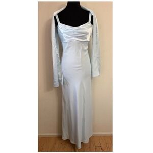 NEW Aspeed USA Light Blue Satin Cowl Neck Formal Gown Draped Back & Wrap Small